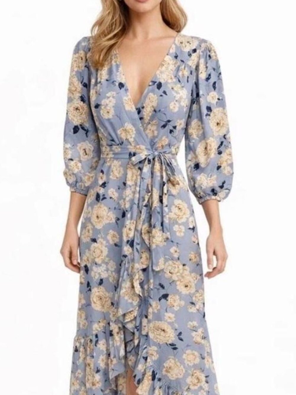 Francesca's Mi Ami Blue Yellow Floral Wrap Dress, Size M